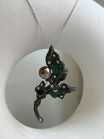 Tahitian Ocean Pearl Brooch Pendant 2in1: Extreme Luster, 10.2mm, pistachio olive pearl, leaf brooch, 3.3x6.7cm, S925 silver chain.