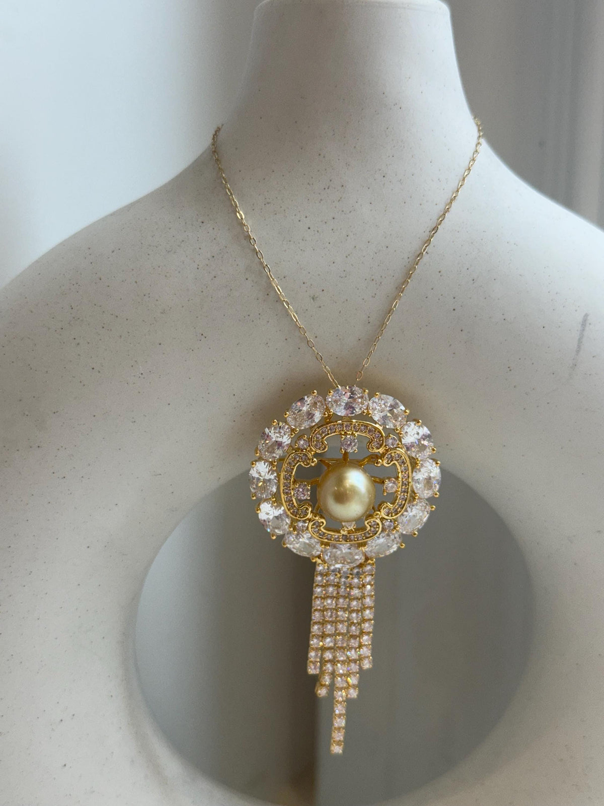 South Sea Golden Ocean Pearl Brooch Pendant 2in1: Extreme Luster, 9.8mm, Ultra gold pearl, Vintage brooch,3.3x6.9cm, S925 silver chain. birthday gift