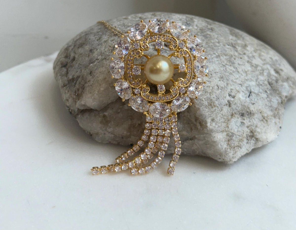South Sea Golden Ocean Pearl Brooch Pendant 2in1: Extreme Luster, 9.8mm, Ultra gold pearl, Vintage brooch,3.3x6.9cm, S925 silver chain.