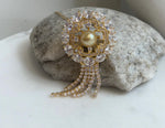 South Sea Golden Ocean Pearl Brooch Pendant 2in1: Extreme Luster, 9.8mm, Ultra gold pearl, Vintage brooch,3.3x6.9cm, S925 silver chain.