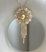 South Sea Golden Ocean Pearl Brooch Pendant 2in1: Extreme Luster, 9.8mm, Ultra gold pearl, Vintage brooch,3.3x6.9cm, S925 silver chain.