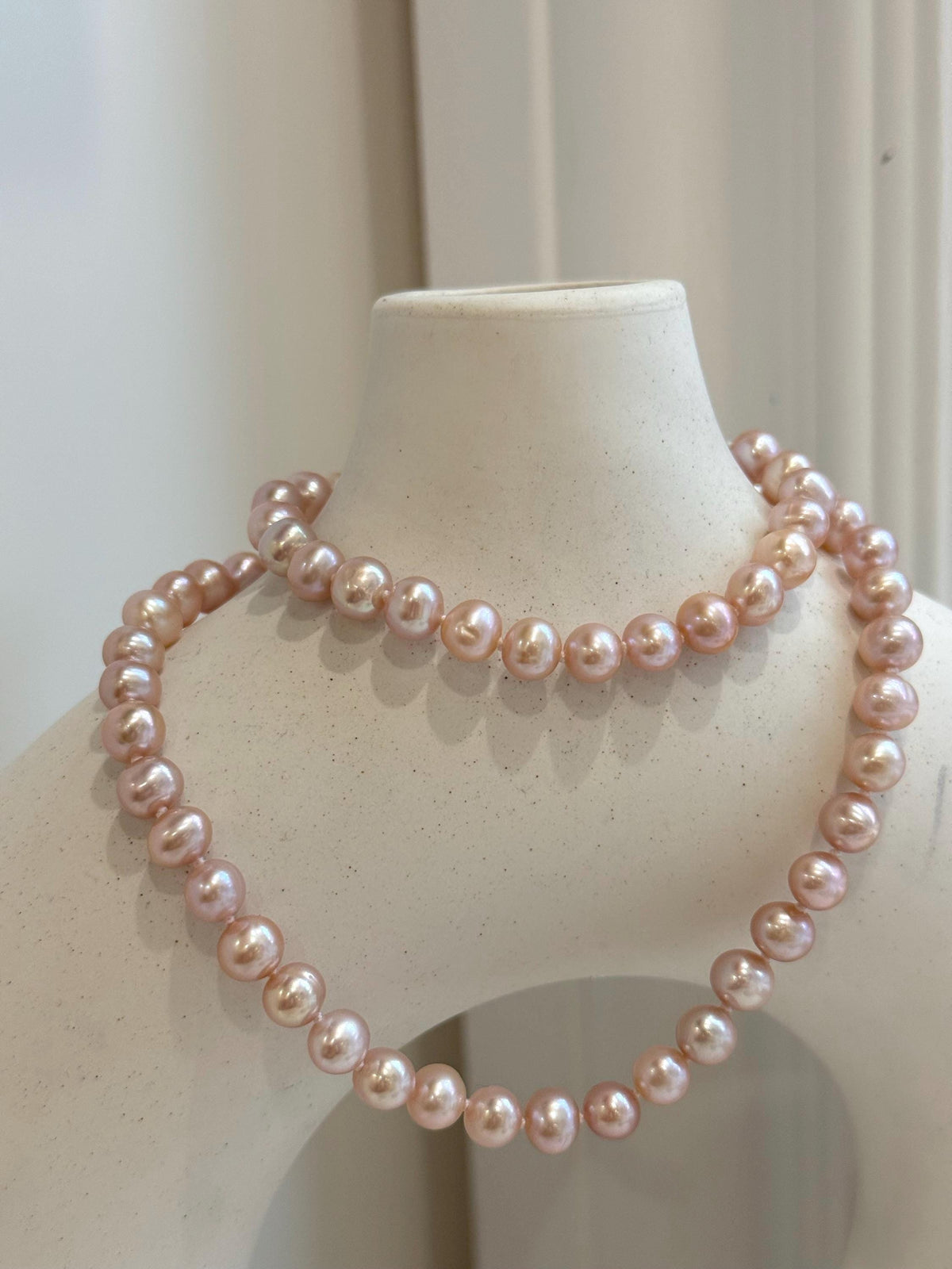 Pink Rose Pearls Necklace: Extreme luster Mirrored effect, 6.1-6.6mm, S925 silver clips, knotted, 18.1”. No tariffs