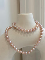 Pink Rose Pearls Necklace: Extreme luster Mirrored effect, 6.1-6.6mm, S925 silver clips, knotted, 18.1”. No tariffs