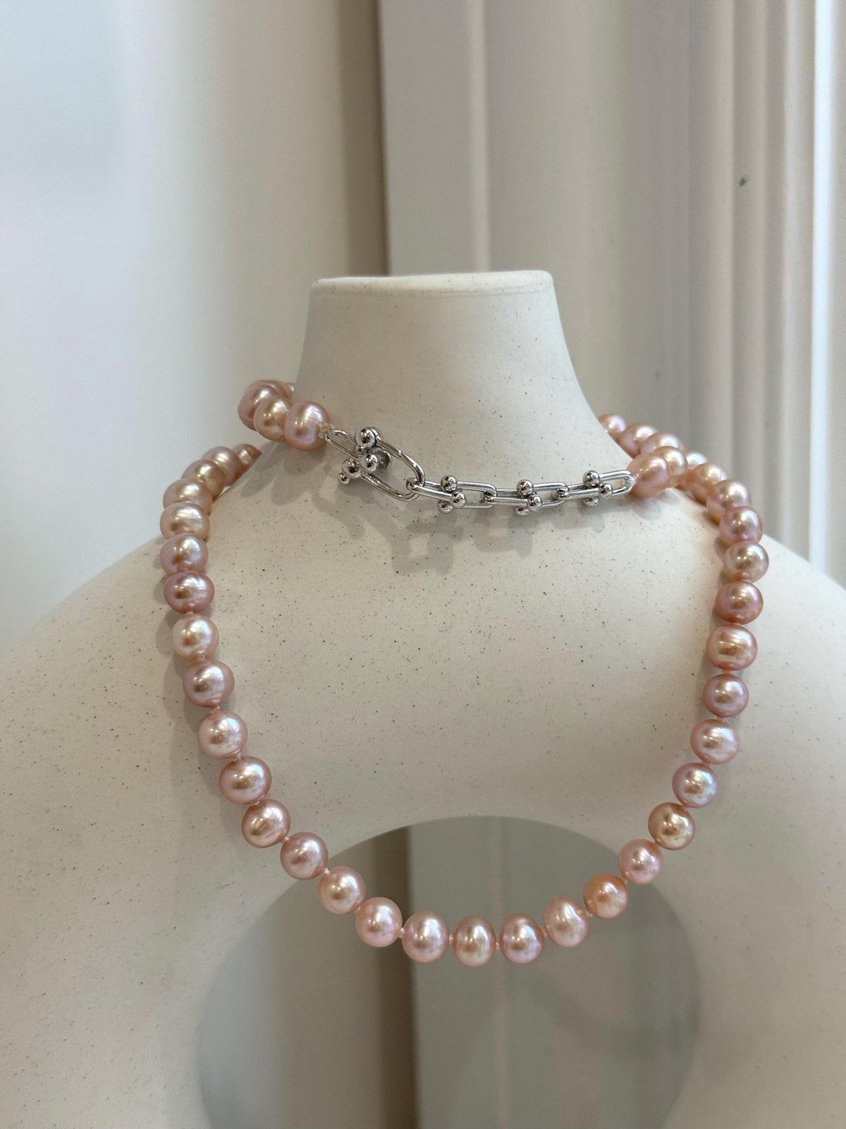 Pink Rose Pearls Necklace: Extreme luster Mirrored effect, 6.1-6.6mm, S925 silver clips, knotted, 18.1”. No tariffs