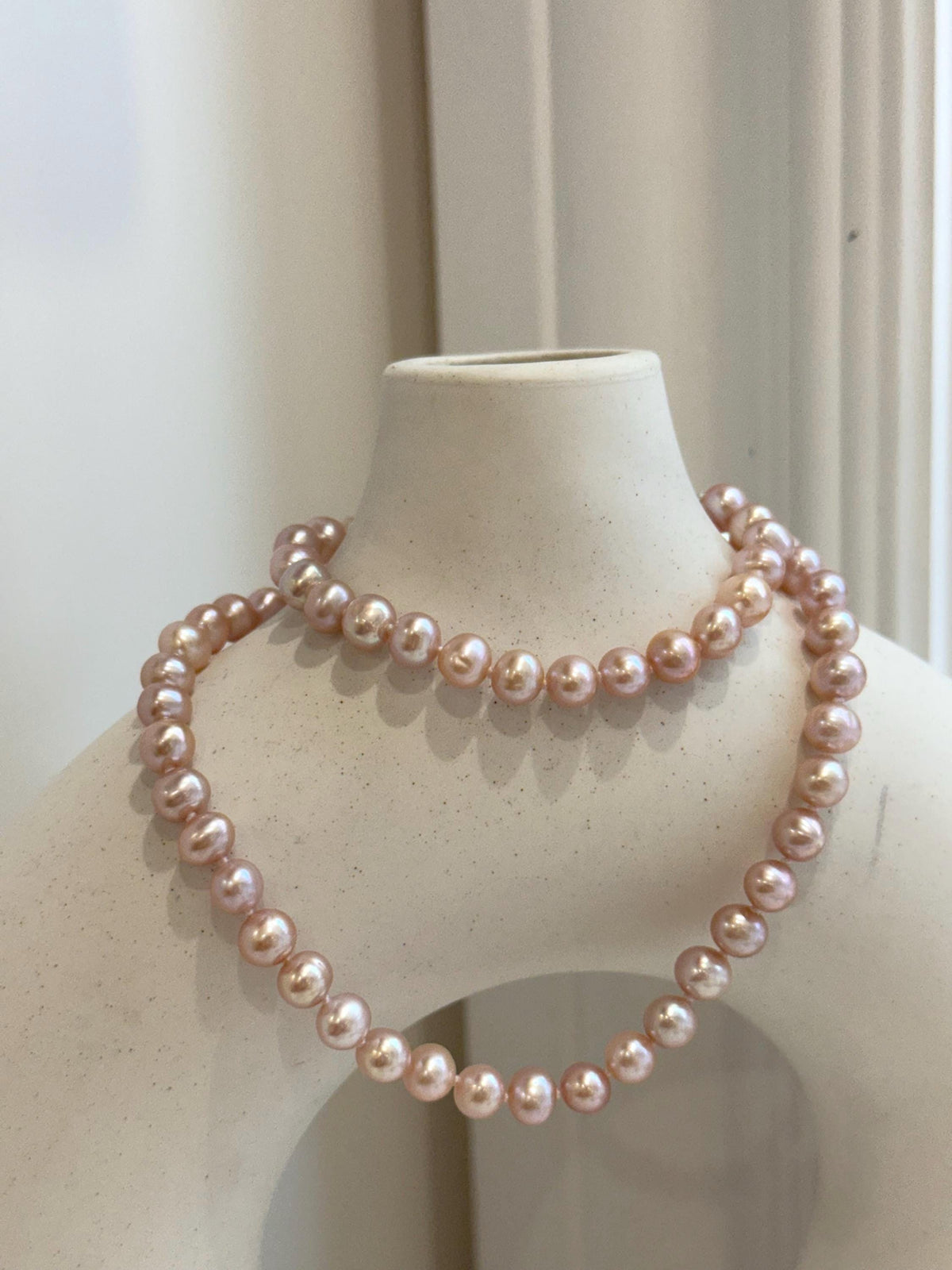Pink Rose Pearls Necklace: Extreme luster Mirrored effect, 6.1-6.6mm, S925 silver clips, knotted, 18.1”. No tariffs