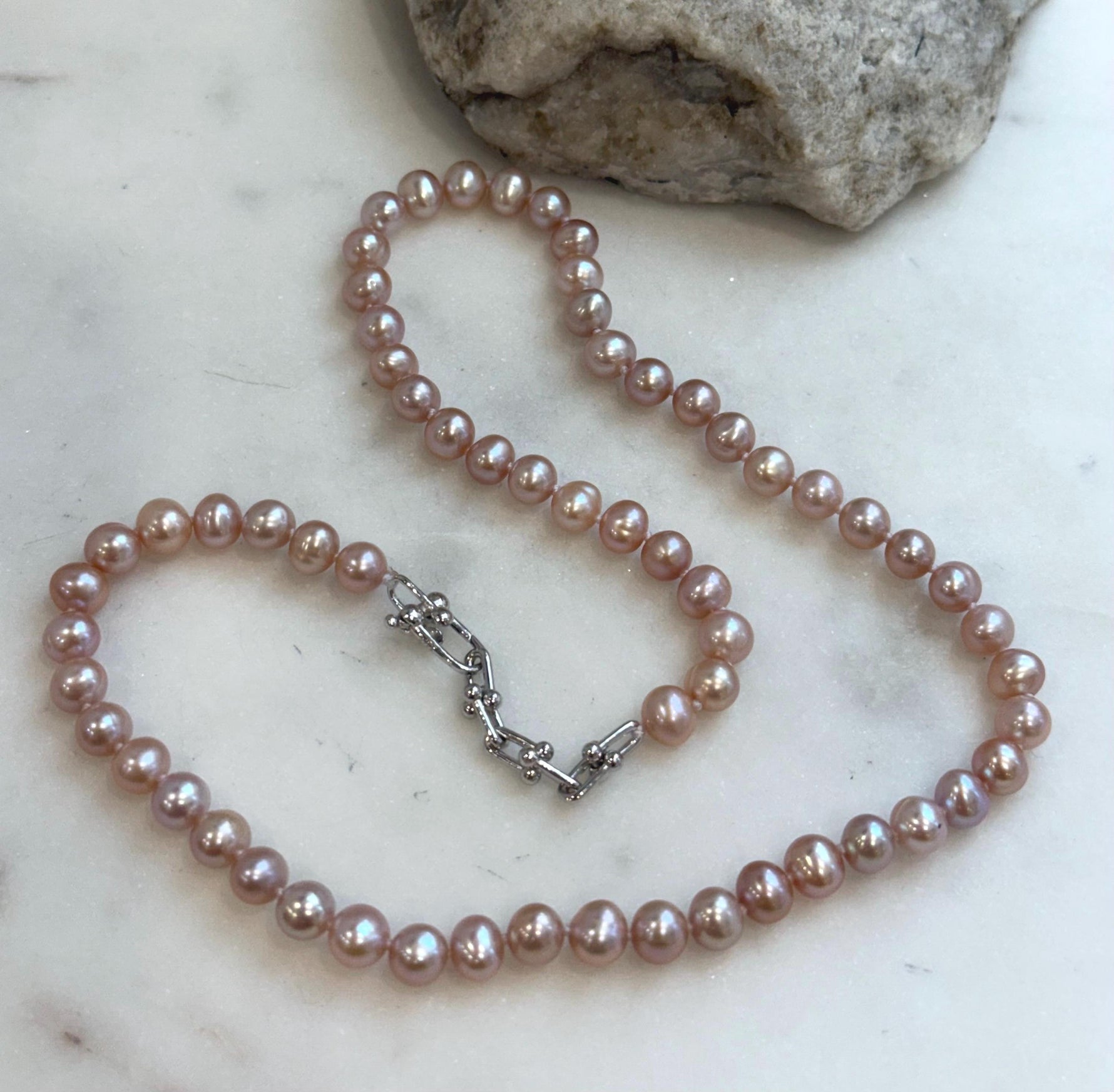 Pink Rose Pearls Necklace: Extreme luster Mirrored effect, 6.1-6.6mm, S925 silver clips, knotted, 18.1”. No tariffs