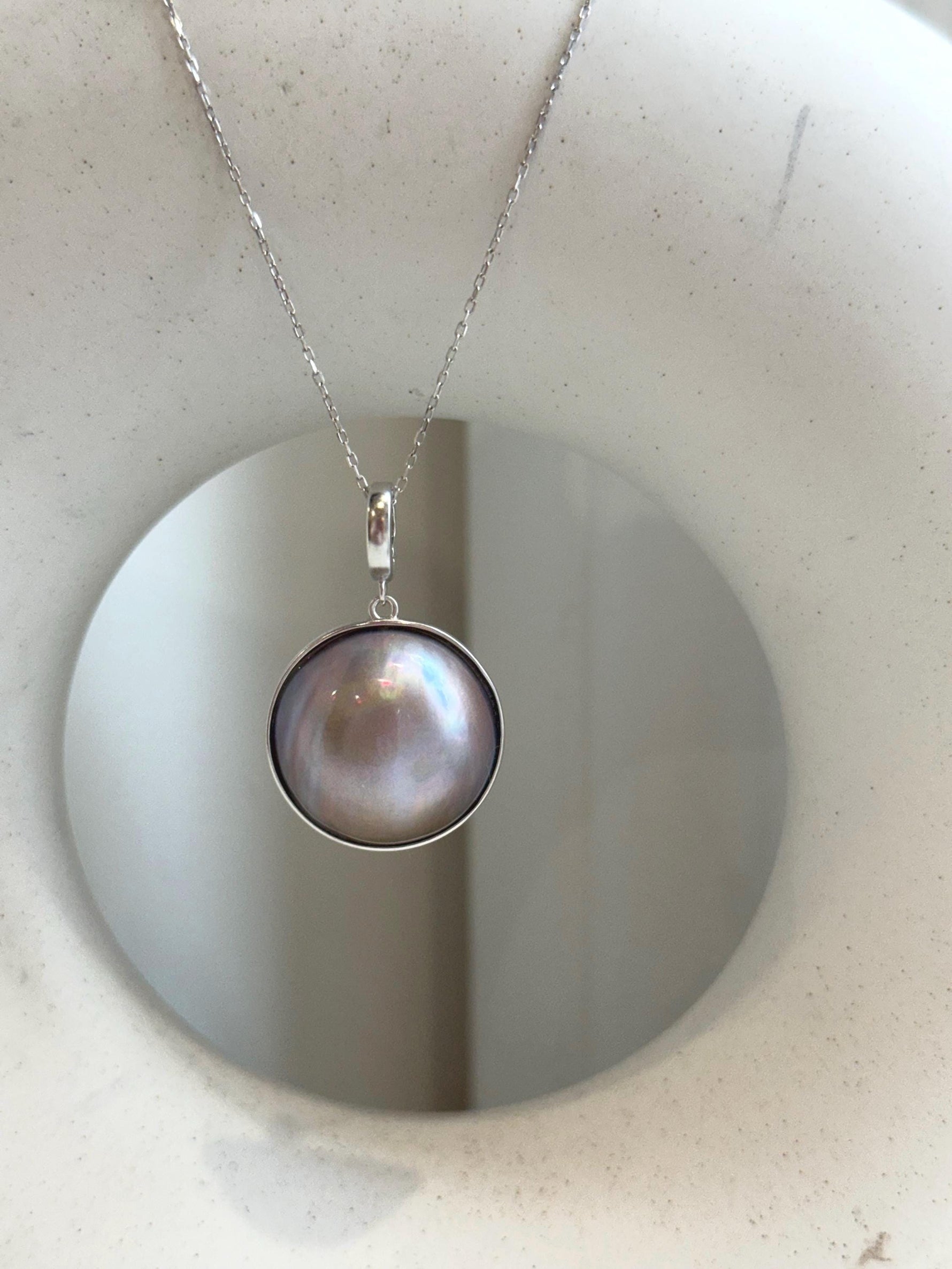 20.7mm Pink Rose iridescent Ocean Round Mabe Pearl Pendant: Extreme luster, S925 Silver base pendant Necklace Set.