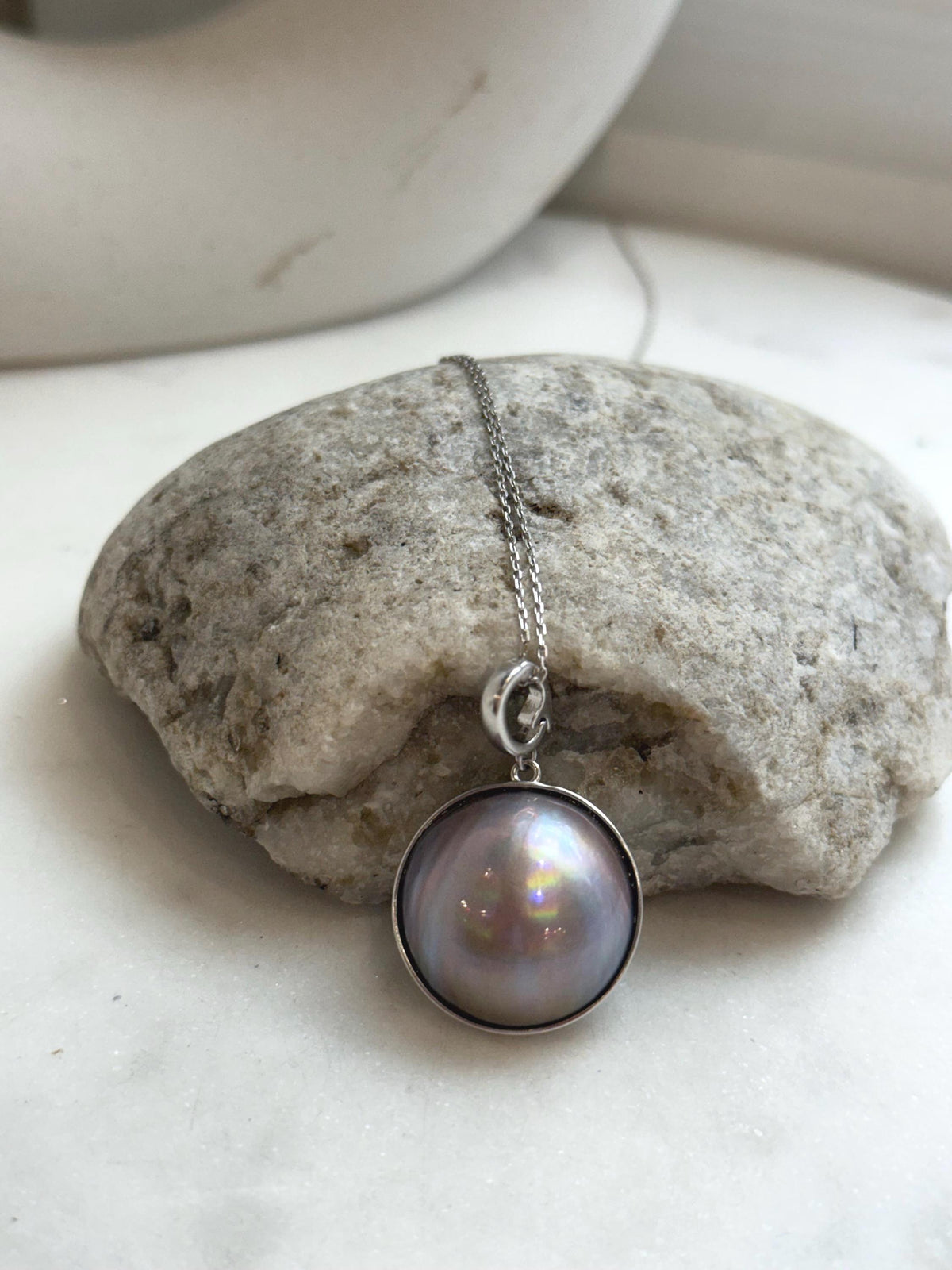 20.7mm Pink Rose iridescent Ocean Round Mabe Pearl Pendant: Extreme luster, S925 Silver base pendant Necklace Set.