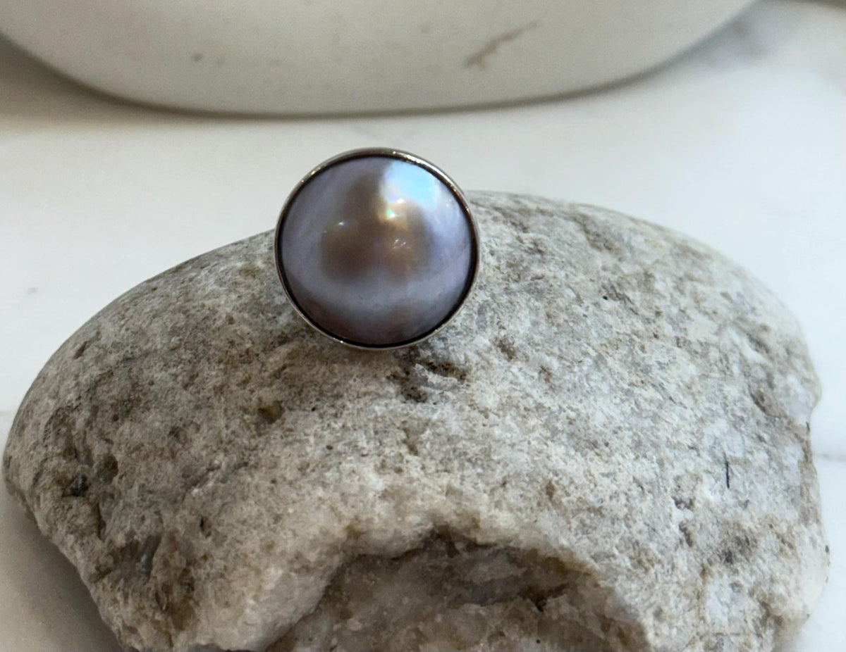 20.3mm Pink Rose iridescent Ocean Round Mabe Pearl Ring: Extreme luster, S925 Silver base adjustable Ring.