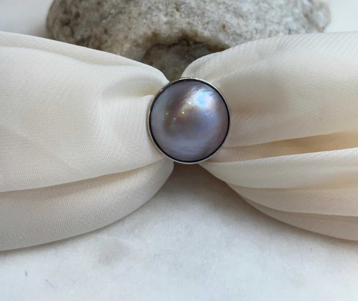 20.3mm Pink Rose iridescent Ocean Round Mabe Pearl Ring: Extreme luster, S925 Silver base adjustable Ring. for her daily wear