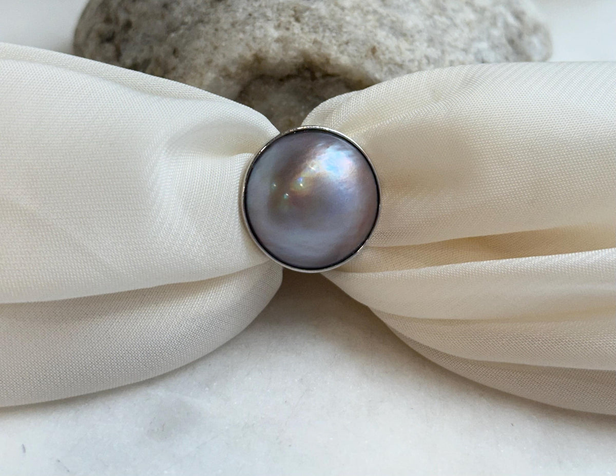 20.3mm Pink Rose iridescent Ocean Round Mabe Pearl Ring: Extreme luster, S925 Silver base adjustable Ring.