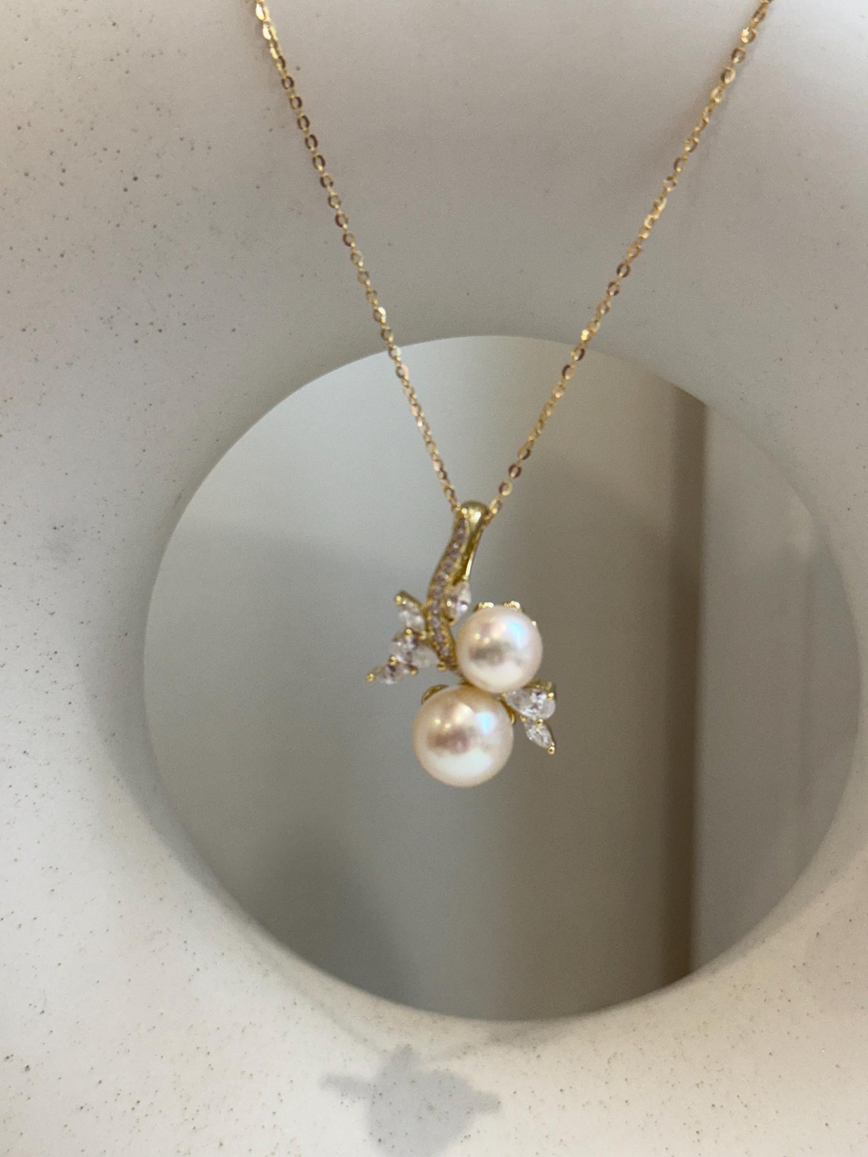 8.2-9.6mm Double Akoya Ocean Ivory Pearls floral pendant necklace set: Extreme luster mirrored, S925 silver pendant also chain.