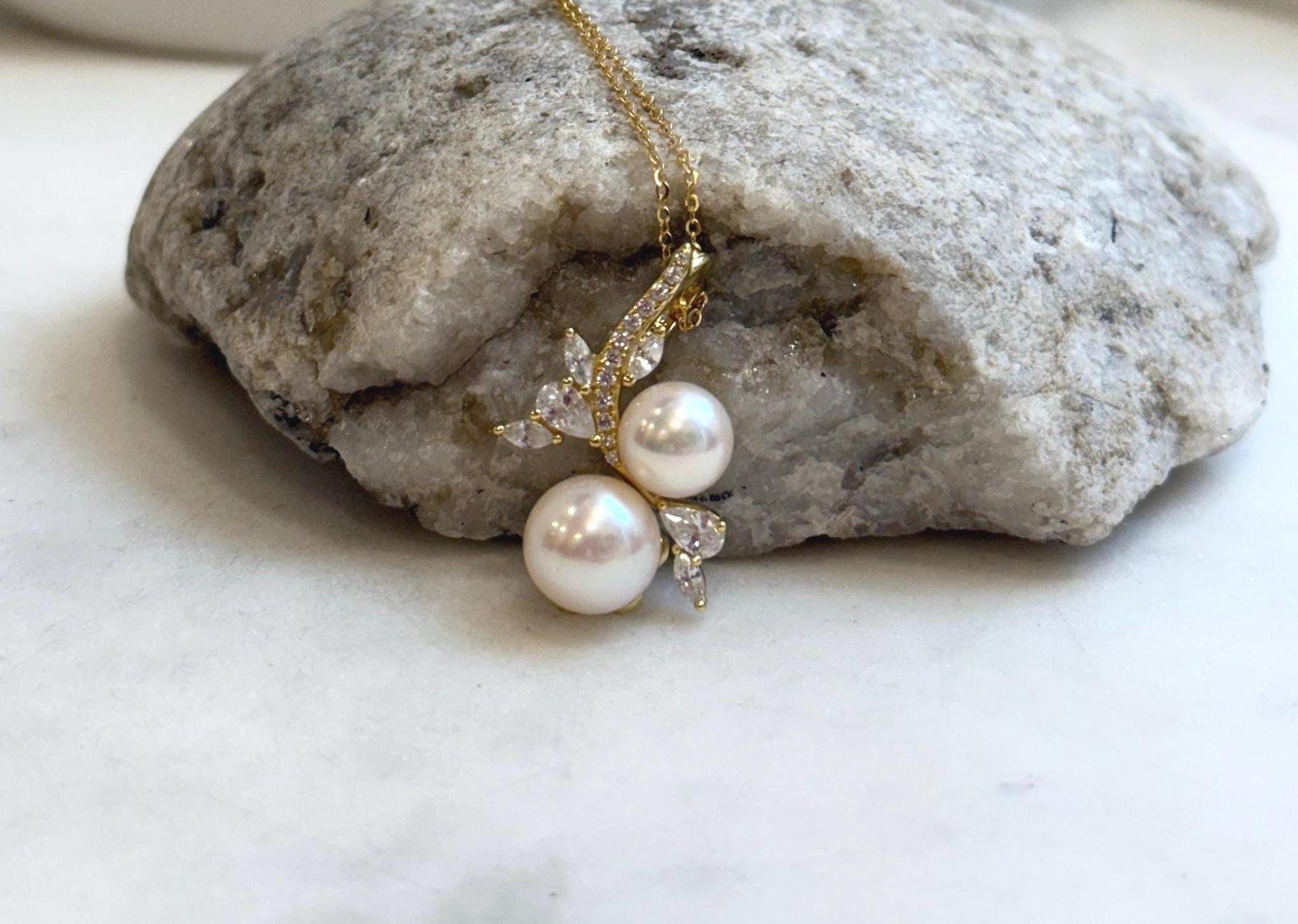 8.2-9.6mm Double Akoya Ocean Ivory Pearls floral pendant necklace set: Extreme luster mirrored, S925 silver pendant also chain. gift for her daily wear