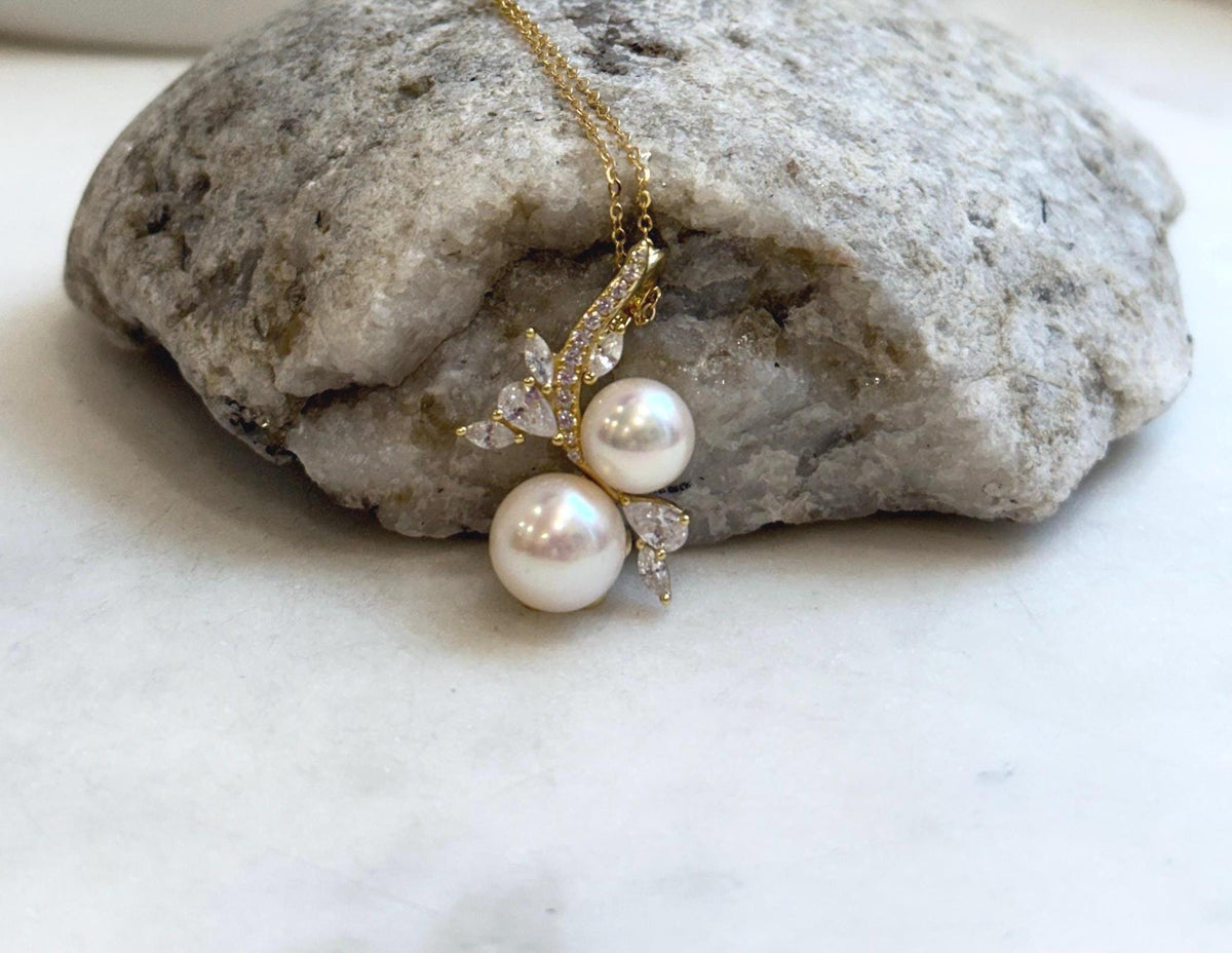 8.2-9.6mm Double Akoya Ocean Ivory Pearls floral pendant necklace set: Extreme luster mirrored, S925 silver pendant also chain.