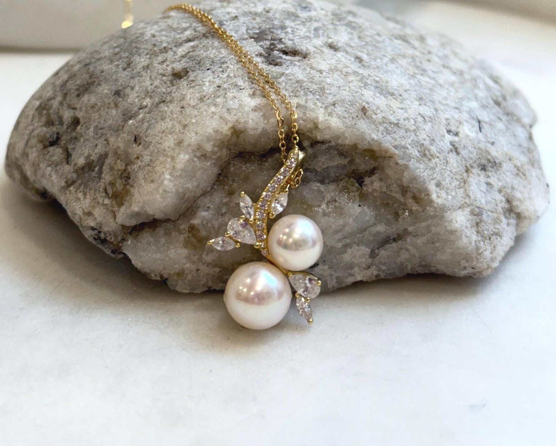 8.2-9.6mm Double Akoya Ocean Ivory Pearls floral pendant necklace set: Extreme luster mirrored, S925 silver pendant also chain.