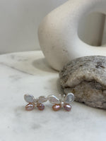 Keshi Pearls Cute Butterfly Earrings Studs: Strong luster, White Rose pearls, 1.4x2cm, S925 silver earrings studs.