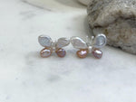 Keshi Pearls Cute Butterfly Earrings Studs: Strong luster, White Rose pearls, 1.4x2cm, S925 silver earrings studs.