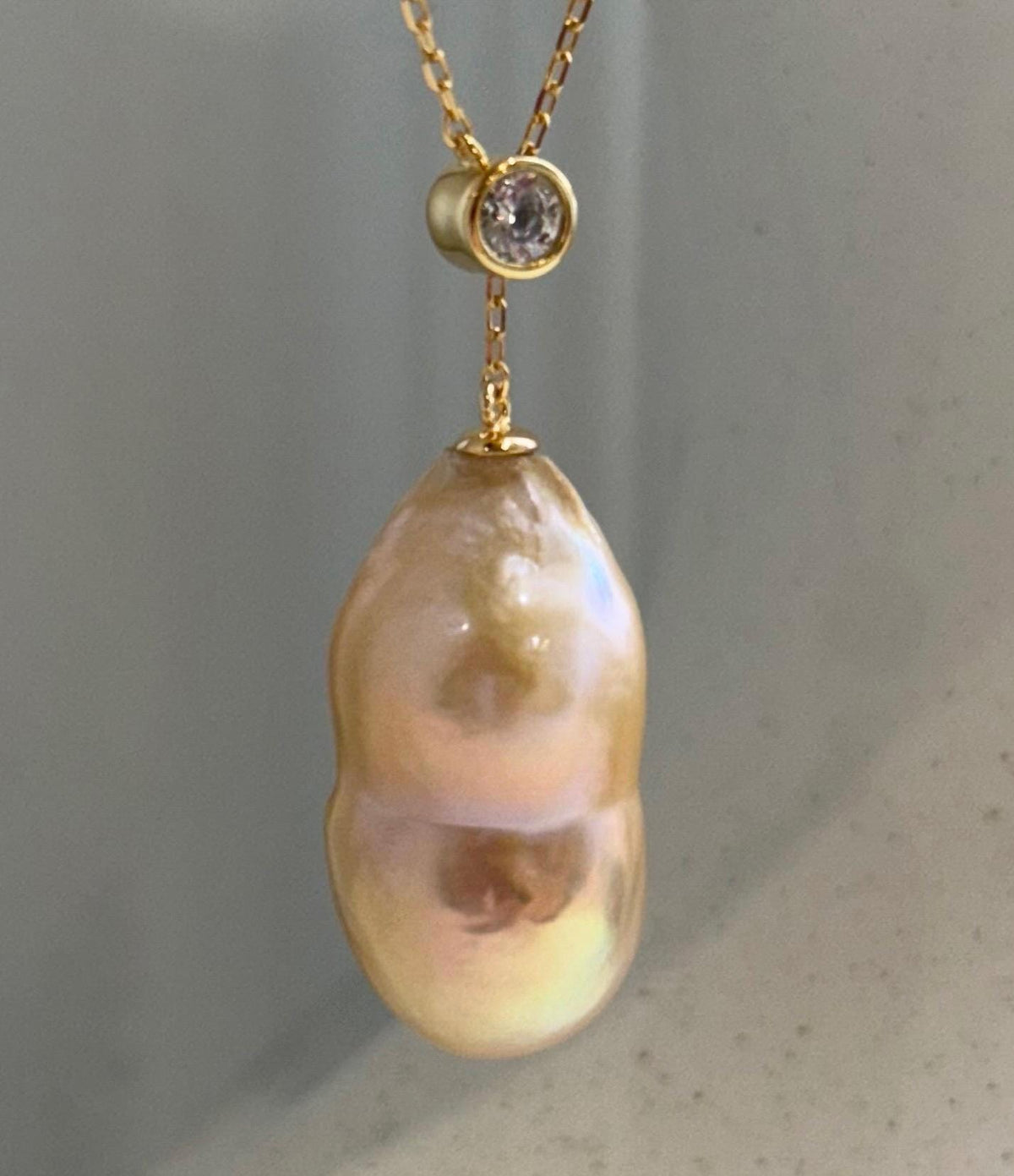 Peanut Keshi Pearl Necklace Set: Extreme luster, peach gold iridescent green hue, 12.9x24.3mm,s925 silver necklace set.