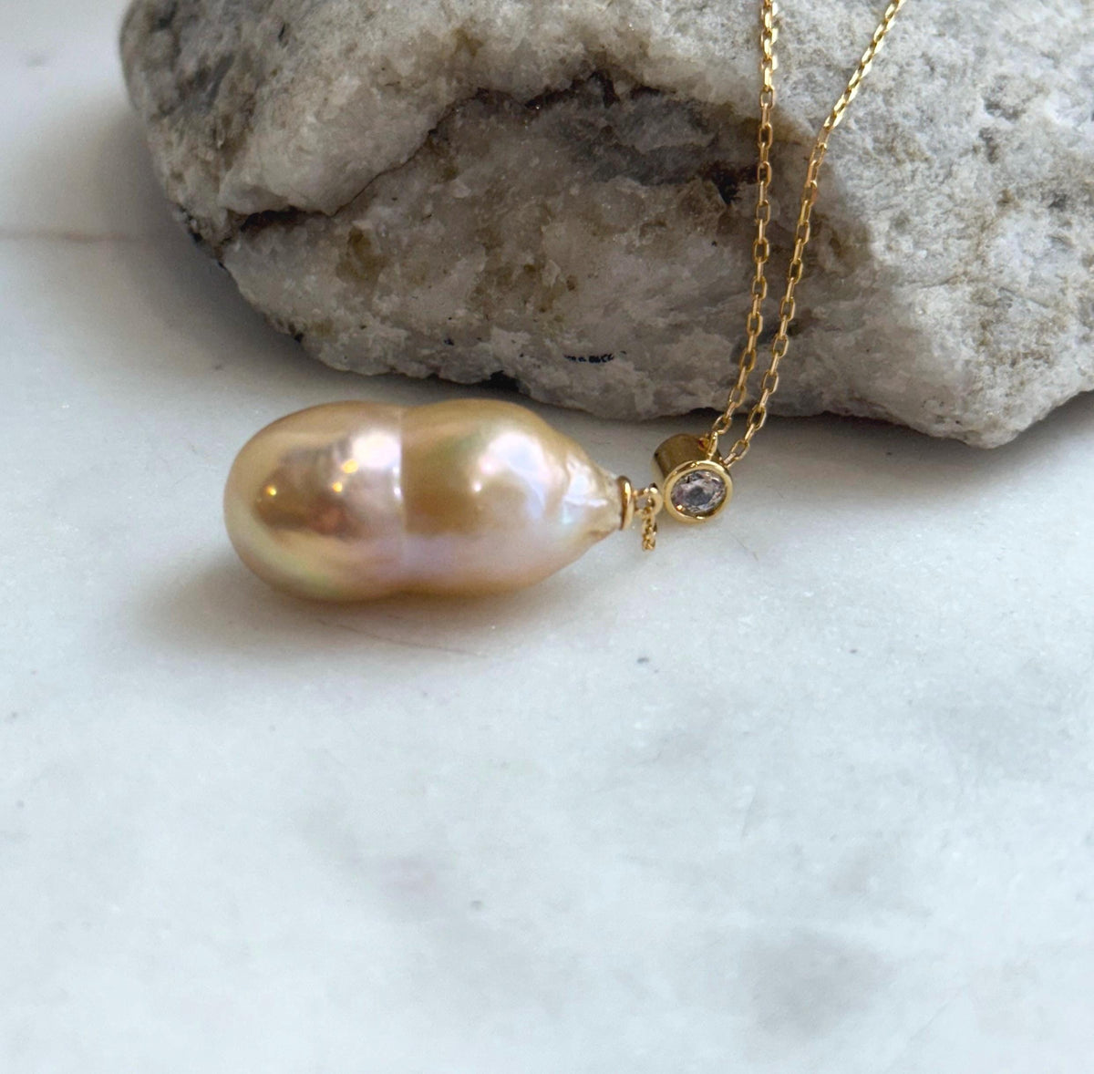 Peanut Keshi Pearl Necklace Set: Extreme luster, peach gold iridescent green hue, 12.9x24.3mm,s925 silver necklace set.