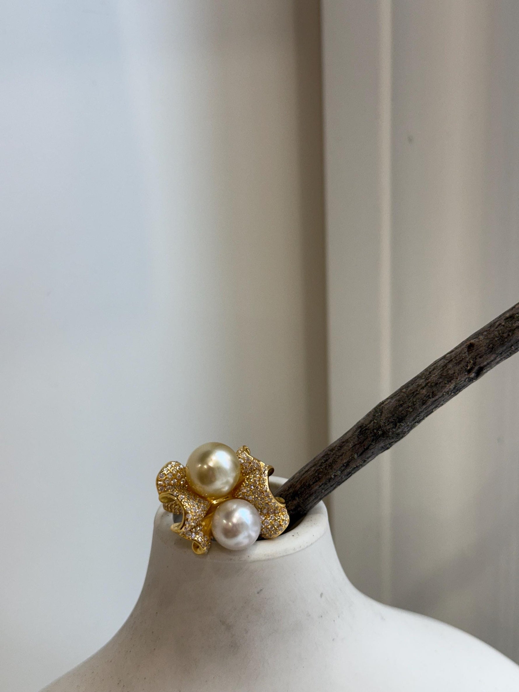 South sea golden Australian ocean white double pearls Ring: Extrem luster, 9.2-10.2mm. S925 silver adjustable Vintage Ring. gift for her daily wear