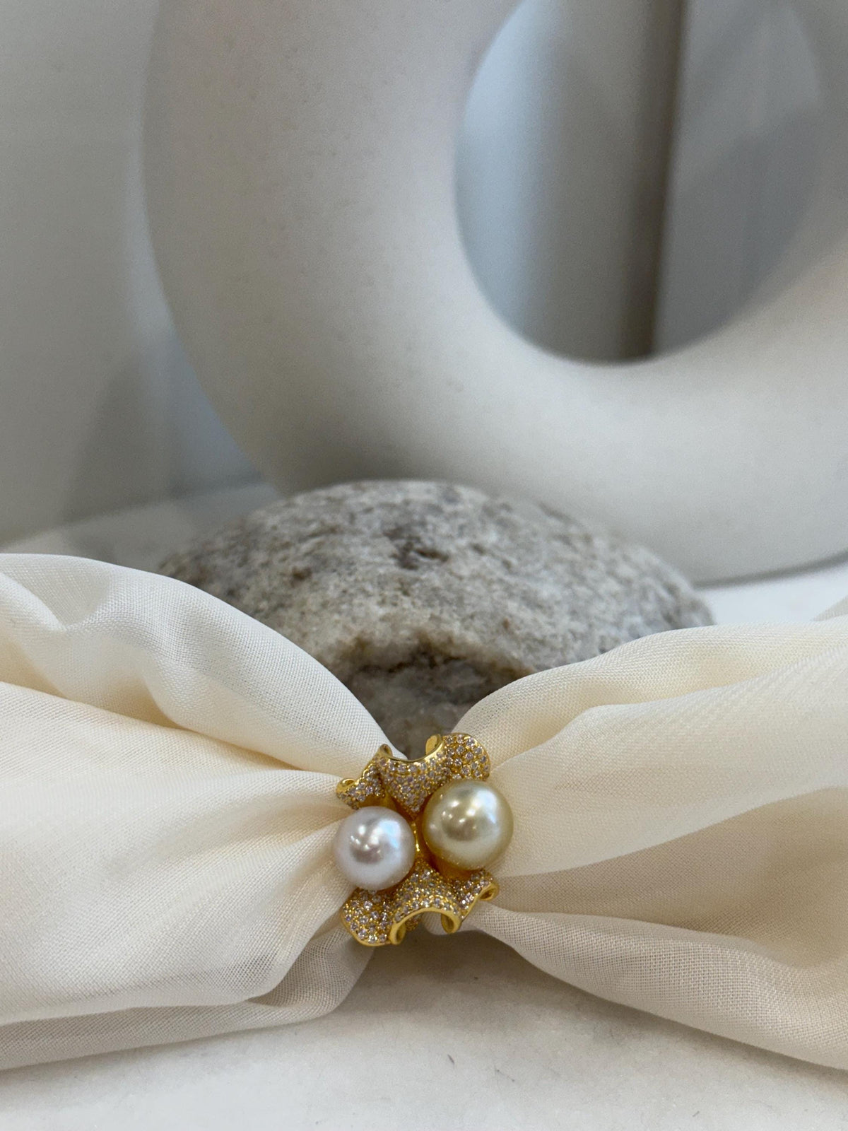 South sea golden Australian ocean white double pearls Ring: Extrem luster, 9.2-10.2mm. S925 silver adjustable Vintage Ring. gift for her birthday