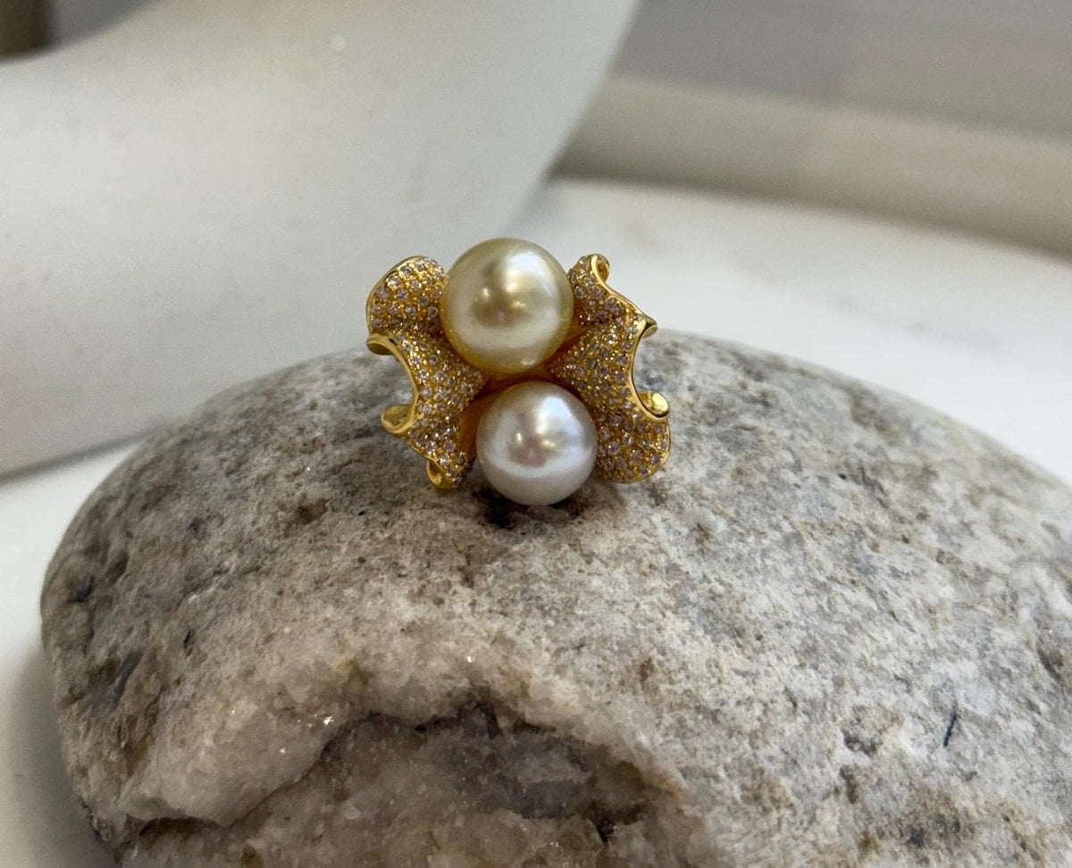 South sea golden Australian ocean white double pearls Ring: Extrem luster, 9.2-10.2mm. S925 silver adjustable Vintage Ring.