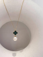 akoya ocean Pearl 18k gold malachite gemstone pendant for her