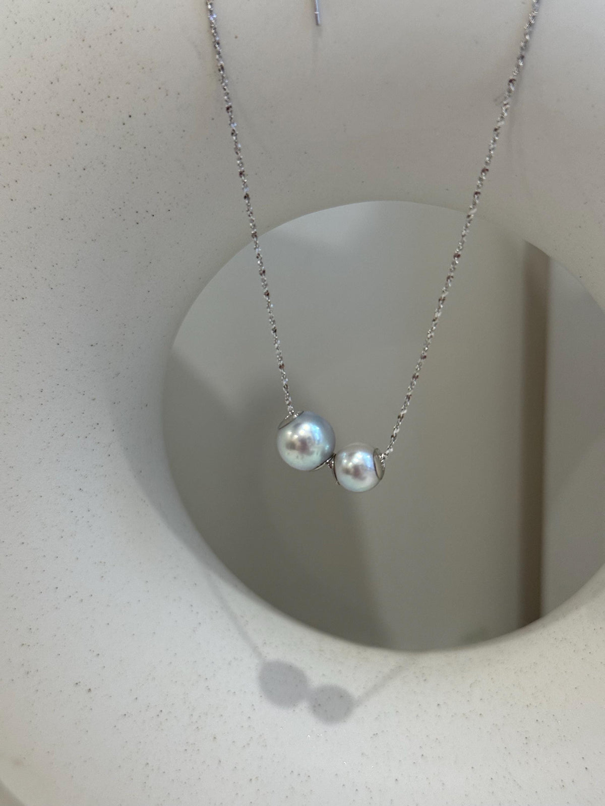 Double Au750 18k Gold Akoya Ocean silver blue Round Pearls Floating pendant silver chain Classic Necklace for her retirement gift.