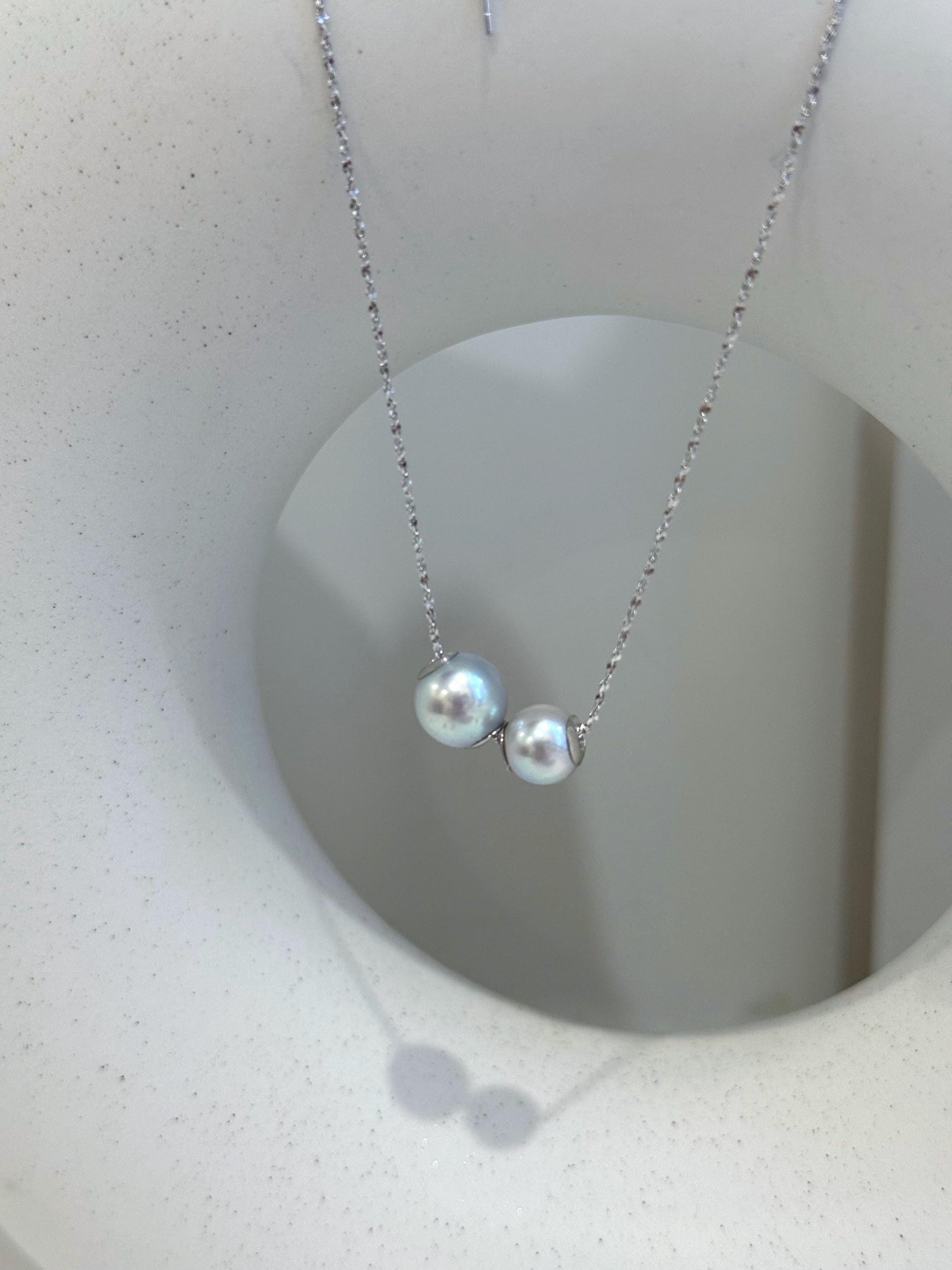 affordable cheap Double Au750 18k Gold Akoya Ocean silver blue Round Pearls Floating pendant silver chain Classic Necklace for her graduation gift.