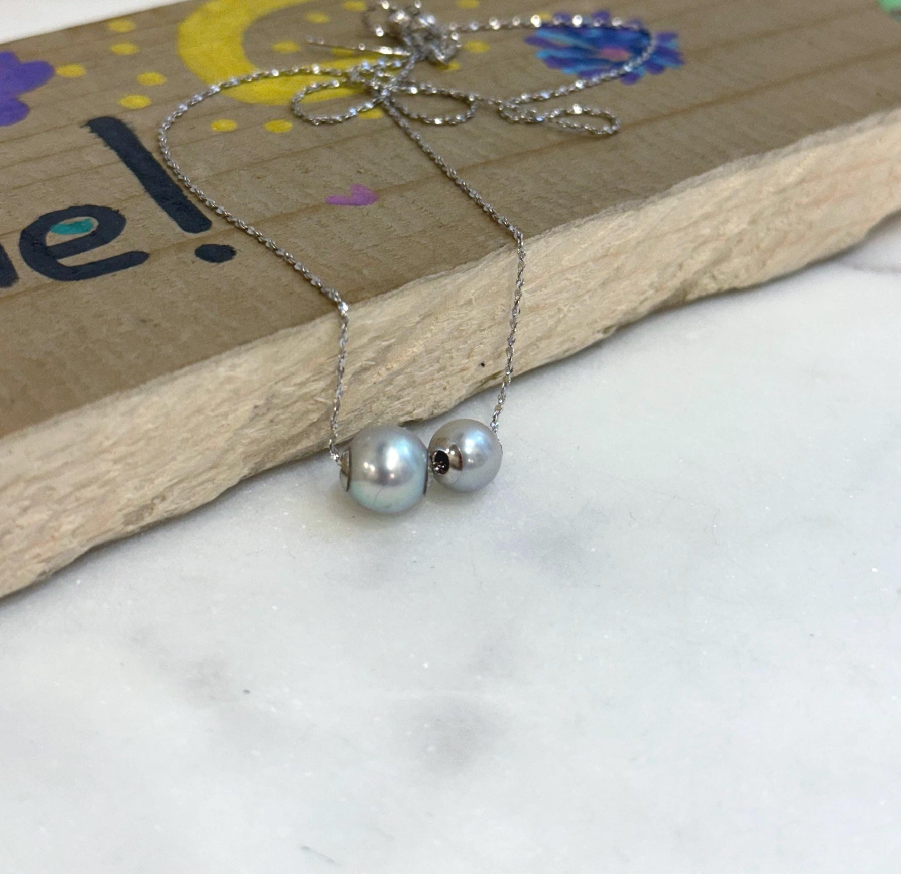 Double Au750 18k Gold Akoya Ocean silver blue Round Pearls Floating pendant silver chain Classic Necklace for her birthday gift.