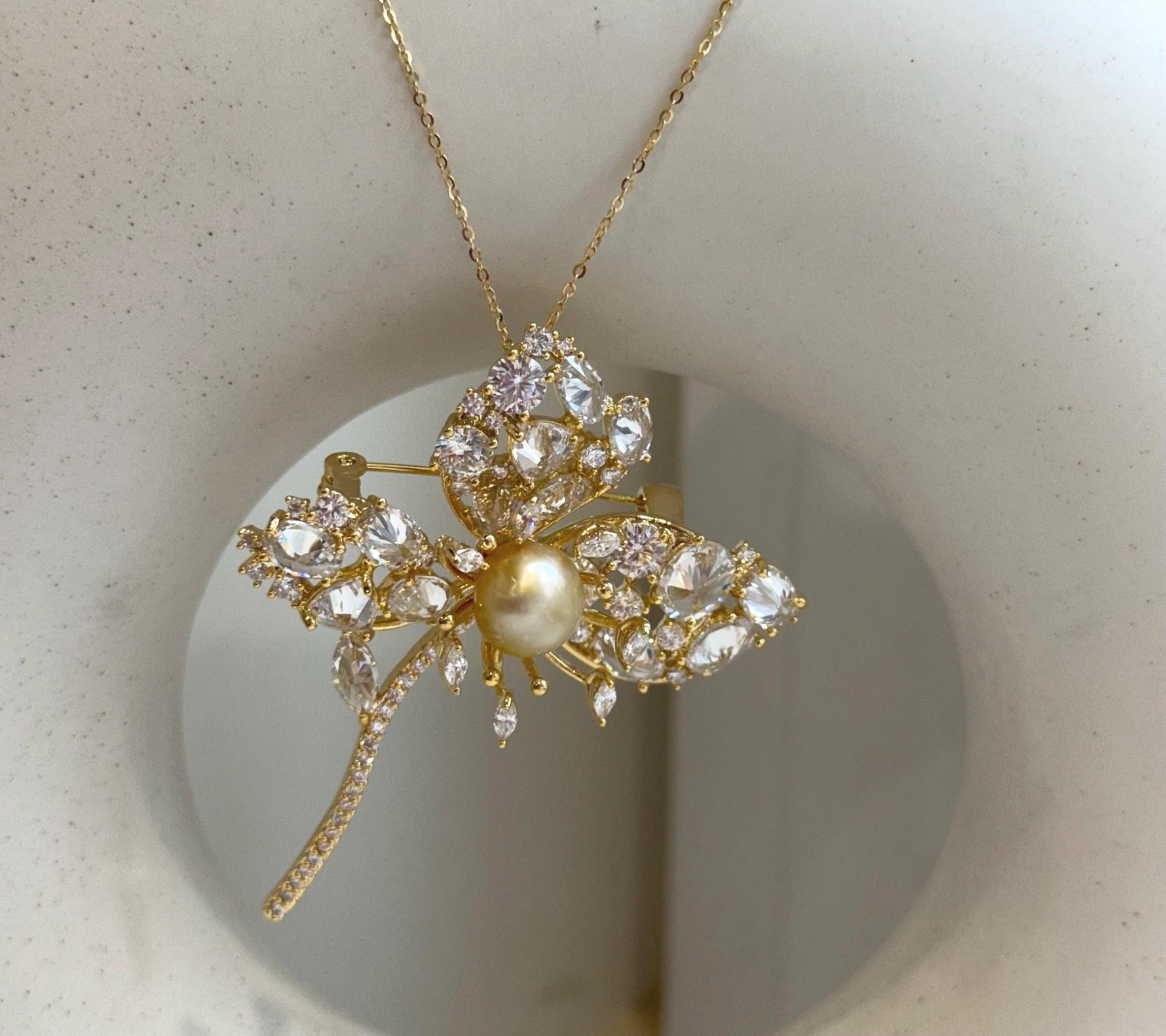 South Sea Golden Pearl Floral Brooch Pendant 2in1: Strong luster, light gold pearl, 9.8mm, s925 silver chain adjustable.