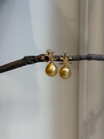 11mm South sea golden Pearls Earrings: Extreme luster mirrored effect, 2.1cm high, S925 silver cool earrings.