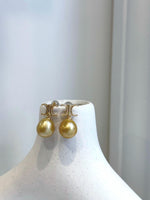 11mm South sea golden Pearls Earrings: Extreme luster mirrored effect, 2.1cm high, S925 silver cool earrings.