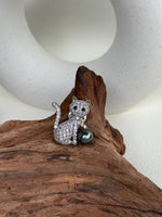 Tahitian Ocean Pearl Cat Brooch Pendant 2in1: Extreme luster mirrored, 9.3mm peacock Green pearl, 3.2x3.2cm, with S925 silver chain. gift for her anniversary