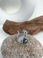 Tahitian Ocean Pearl Cat Brooch Pendant 2in1: Extreme luster mirrored, 9.3mm peacock Green pearl, 3.2x3.2cm, with S925 silver chain. gift for her birthday