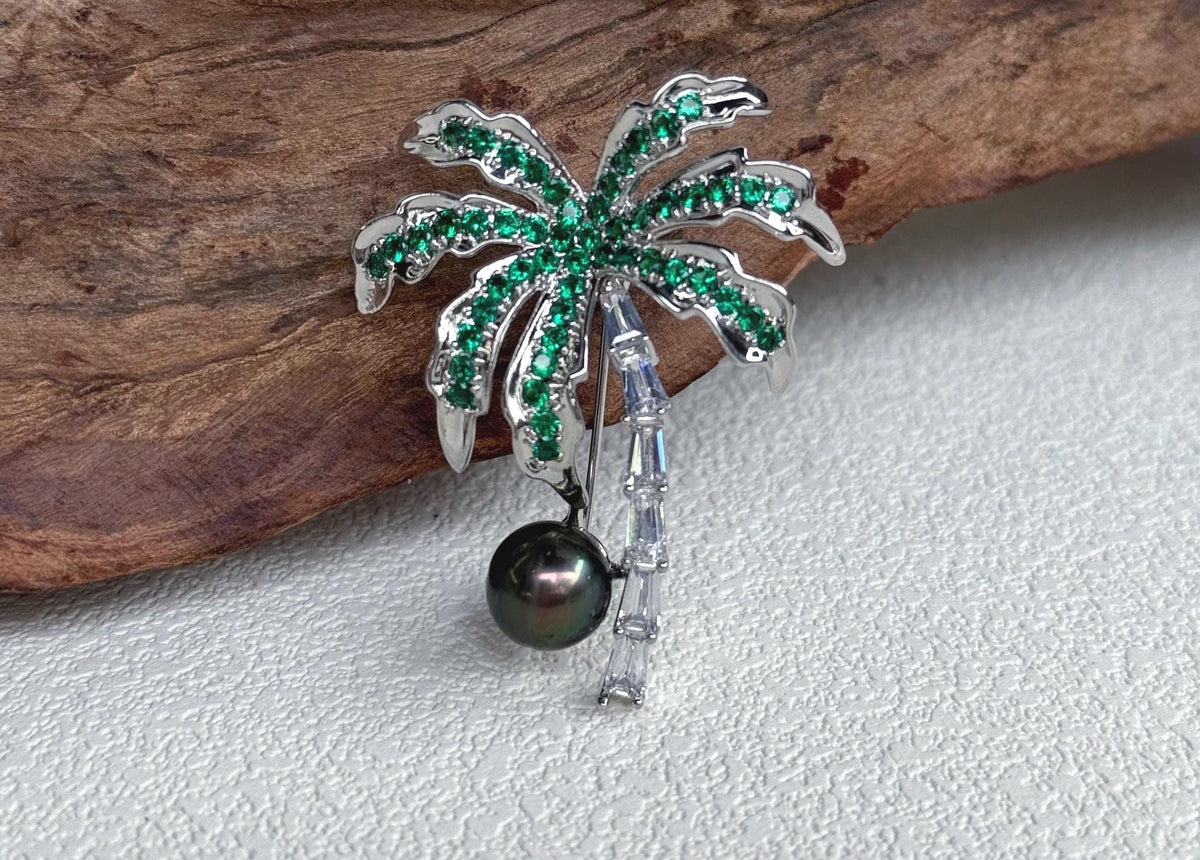 Tahitian Ocean Pearl Tree Brooch Pendant 2in1: Extreme Luster mirrored, 9.1mm, peacock green pearl, 3.6x4.5cm, S925 silver chain.
