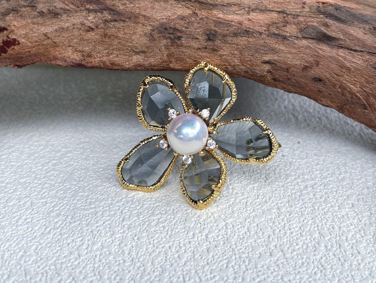 White Pearl Floral Brooch Pendant 2in1: Extreme Luster mirrored, 9.3mm, white pearl, 3.3x4.1cm, S925 silver chain.