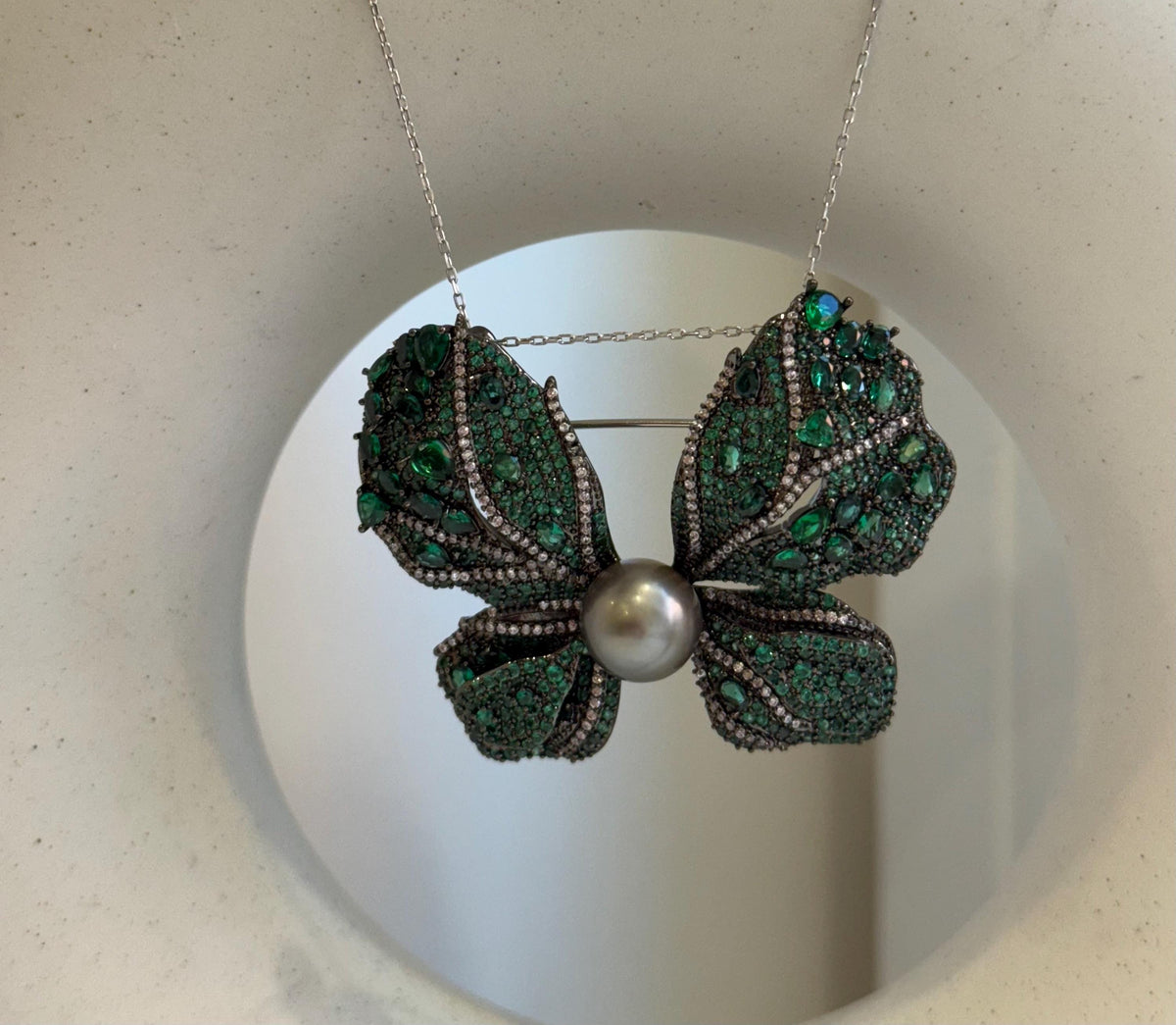 Tahitian Ocean Pearl Brooch Pendant 2in1: Strong Luster, 10mm, platinum pearl green hue, butterfly brooch,6x4cm, S925 silver chain. for her daily wear