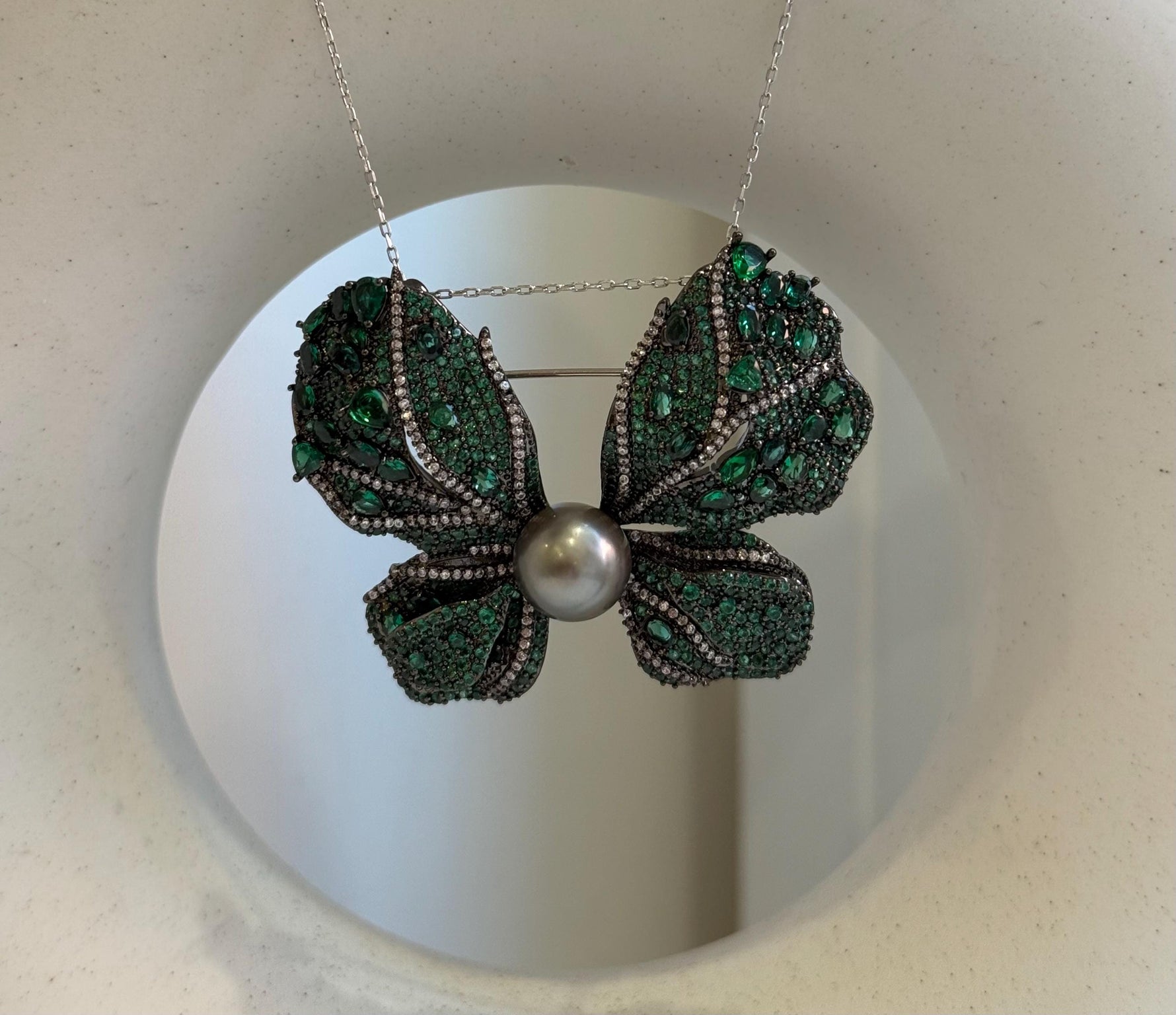 Tahitian Ocean Pearl Brooch Pendant 2in1: Strong Luster, 10mm, platinum pearl green hue, butterfly brooch,6x4cm, S925 silver chain.