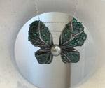 Tahitian Ocean Pearl Brooch Pendant 2in1: Strong Luster, 10mm, platinum pearl green hue, butterfly brooch,6x4cm, S925 silver chain.