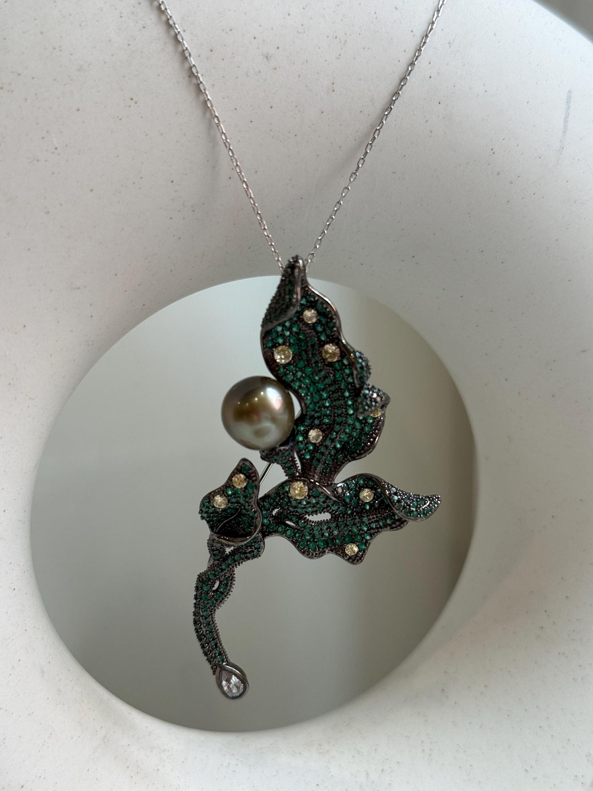 Tahitian Ocean Pearl Brooch Pendant 2in1: Extreme Luster, 10.2mm, pistachio olive pearl, leaf brooch, 3.3x6.7cm, S925 silver chain. for her gift