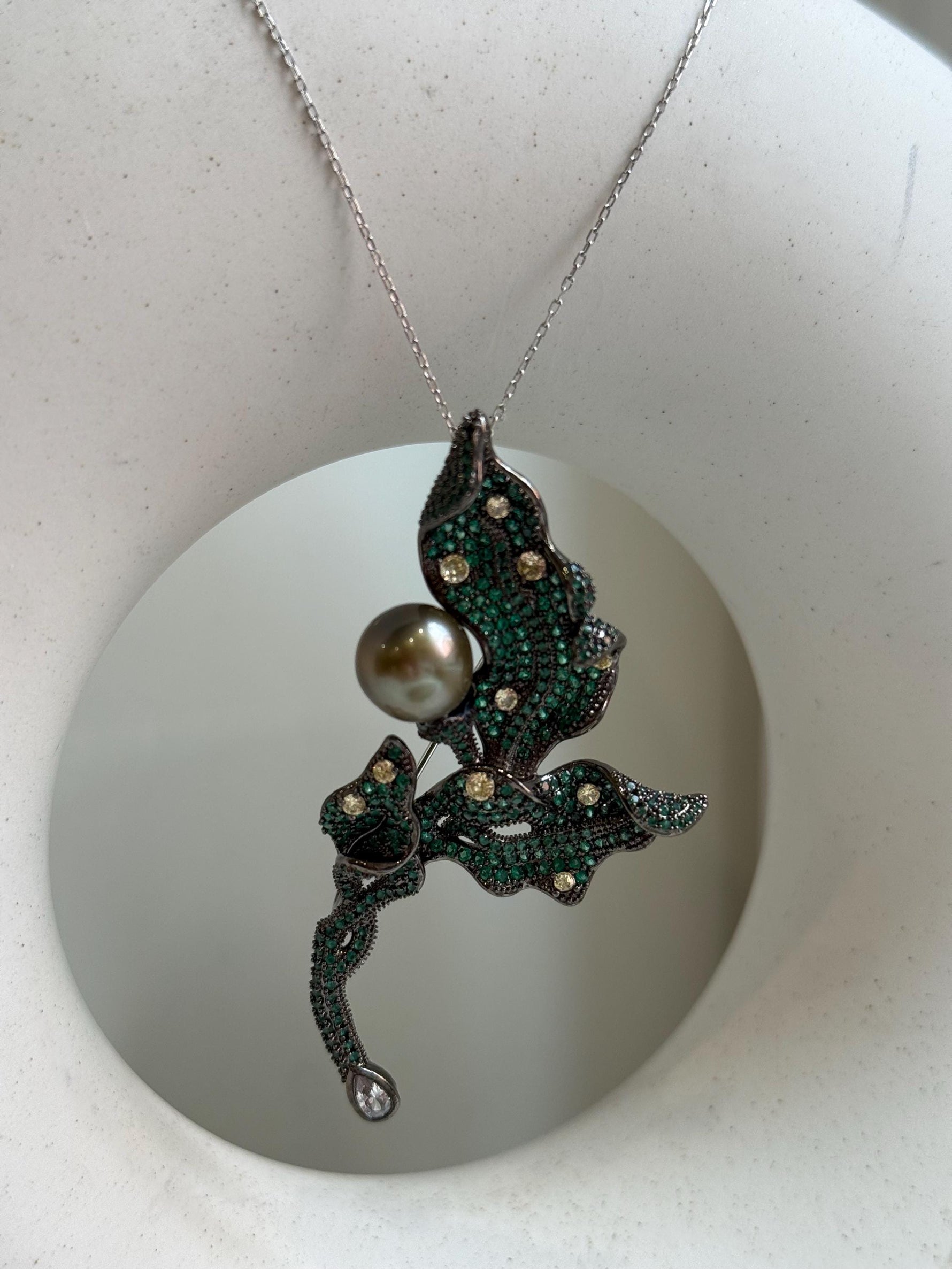 Tahitian Ocean Pearl Brooch Pendant 2in1: Extreme Luster, 10.2mm, pistachio olive pearl, leaf brooch, 3.3x6.7cm, S925 silver chain. for her gift