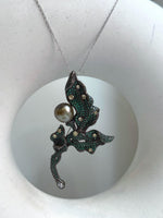 Tahitian Ocean Pearl Brooch Pendant 2in1: Extreme Luster, 10.2mm, pistachio olive pearl, leaf brooch, 3.3x6.7cm, S925 silver chain.