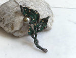 Tahitian Ocean Pearl Brooch Pendant 2in1: Extreme Luster, 10.2mm, pistachio olive pearl, leaf brooch, 3.3x6.7cm, S925 silver chain. for her daily wear