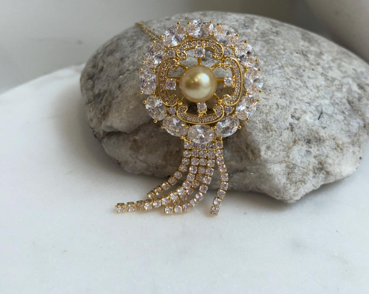 South Sea Golden Ocean Pearl Brooch Pendant 2in1: Extreme Luster, 9.8mm, Ultra gold pearl, Vintage brooch,3.3x6.9cm, S925 silver chain.