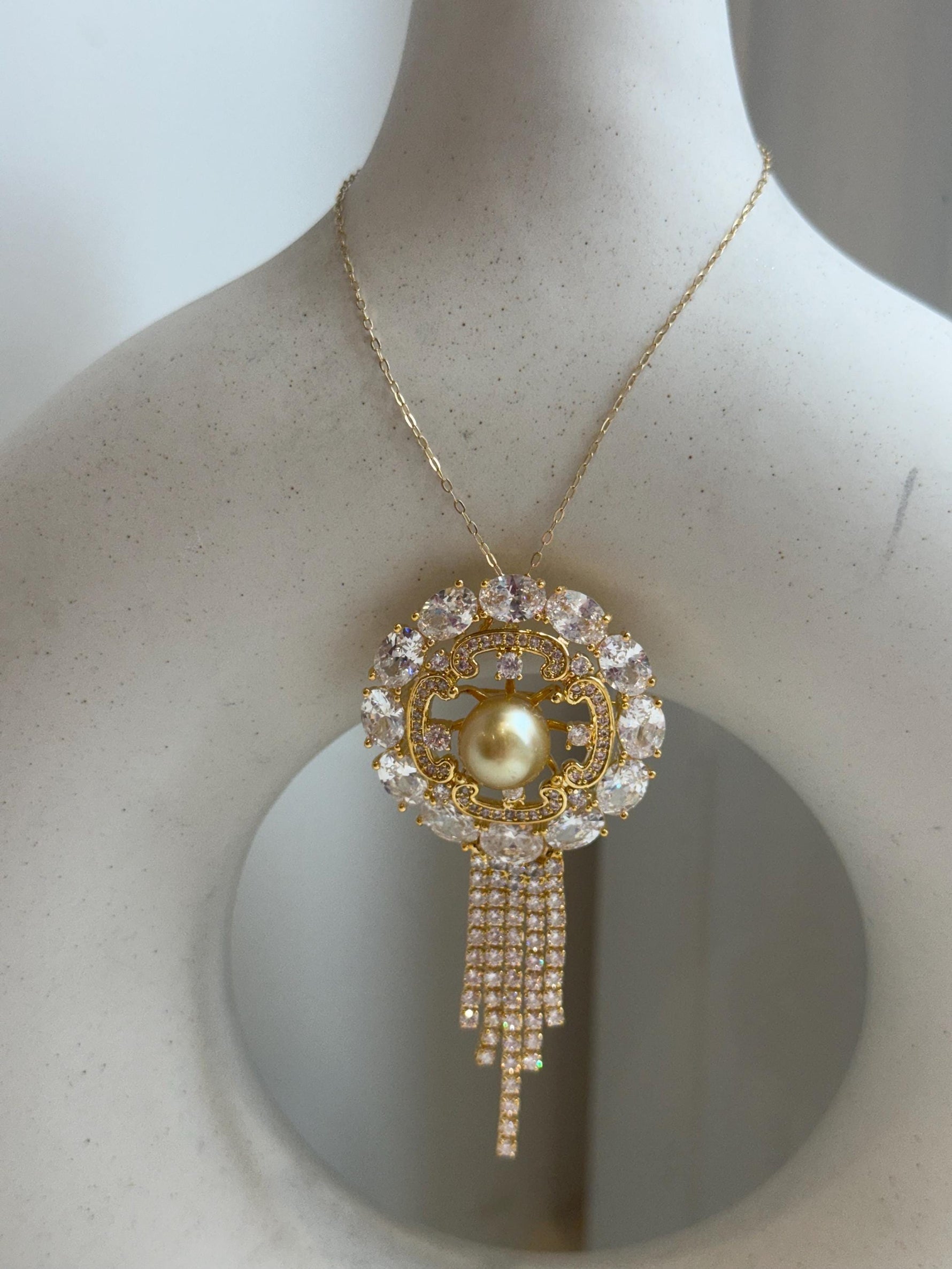 South Sea Golden Ocean Pearl Brooch Pendant 2in1: Extreme Luster, 9.8mm, Ultra gold pearl, Vintage brooch,3.3x6.9cm, S925 silver chain.