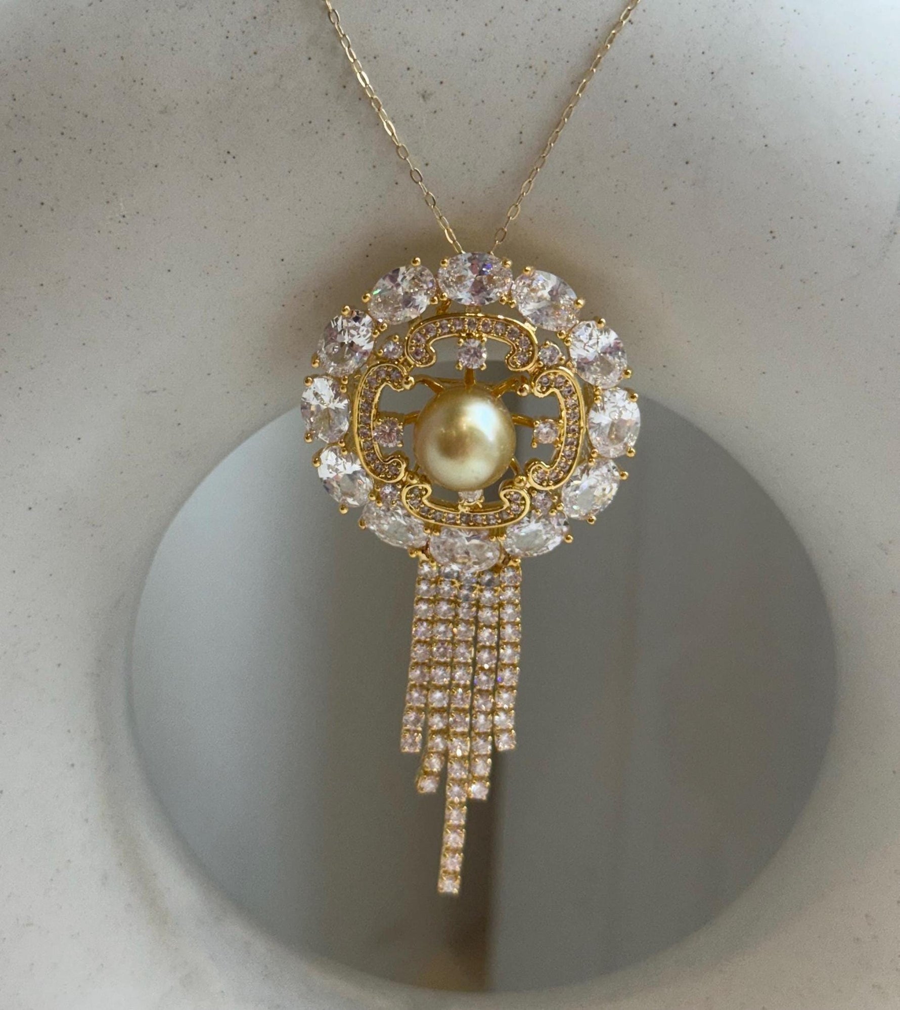 South Sea Golden Ocean Pearl Brooch Pendant 2in1: Extreme Luster, 9.8mm, Ultra gold pearl, Vintage brooch,3.3x6.9cm, S925 silver chain. Christmas brooches