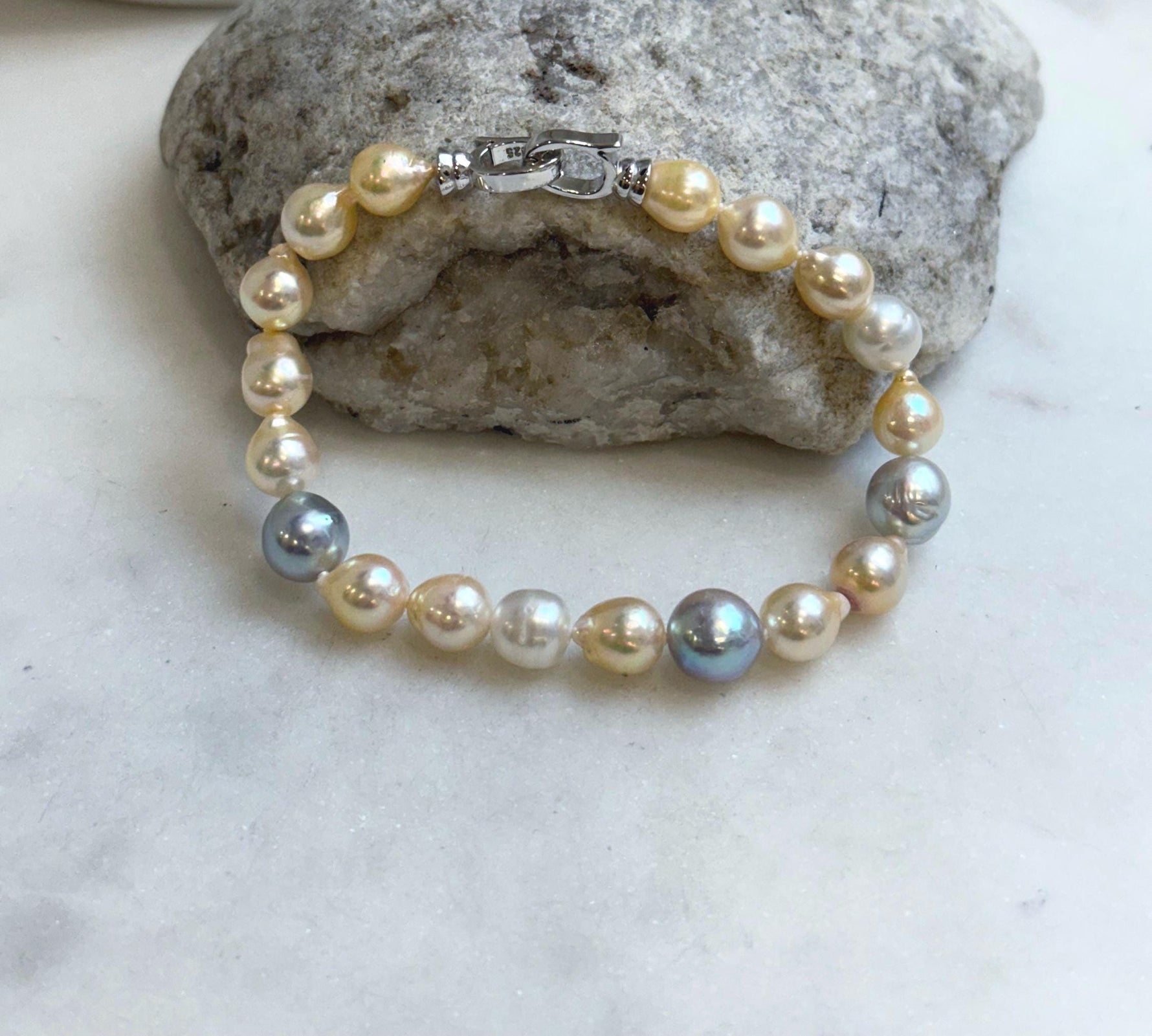 Multicolor Ocean Pearls Bracelet: 19pcs Akoya ocean Australian White ocean Pearls, Extreme luster, 6.7-8.5mm, 7.2” knotted