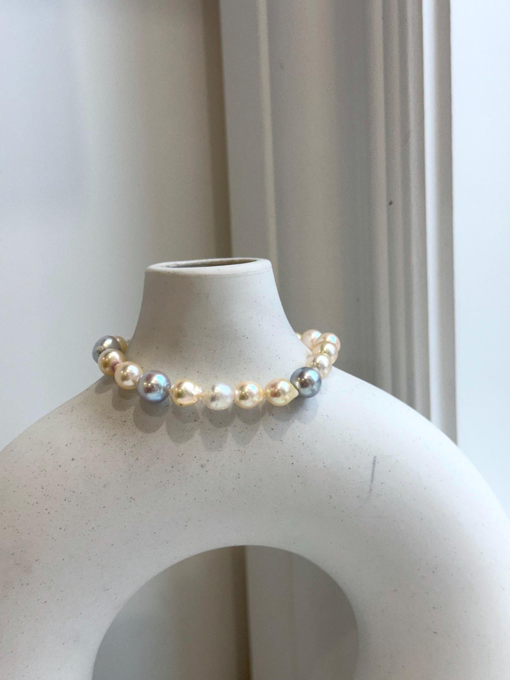 Multicolor Ocean Pearls Bracelet: 19pcs Akoya ocean Australian White ocean Pearls, Extreme luster, 6.7-8.5mm, 7.2” knotted