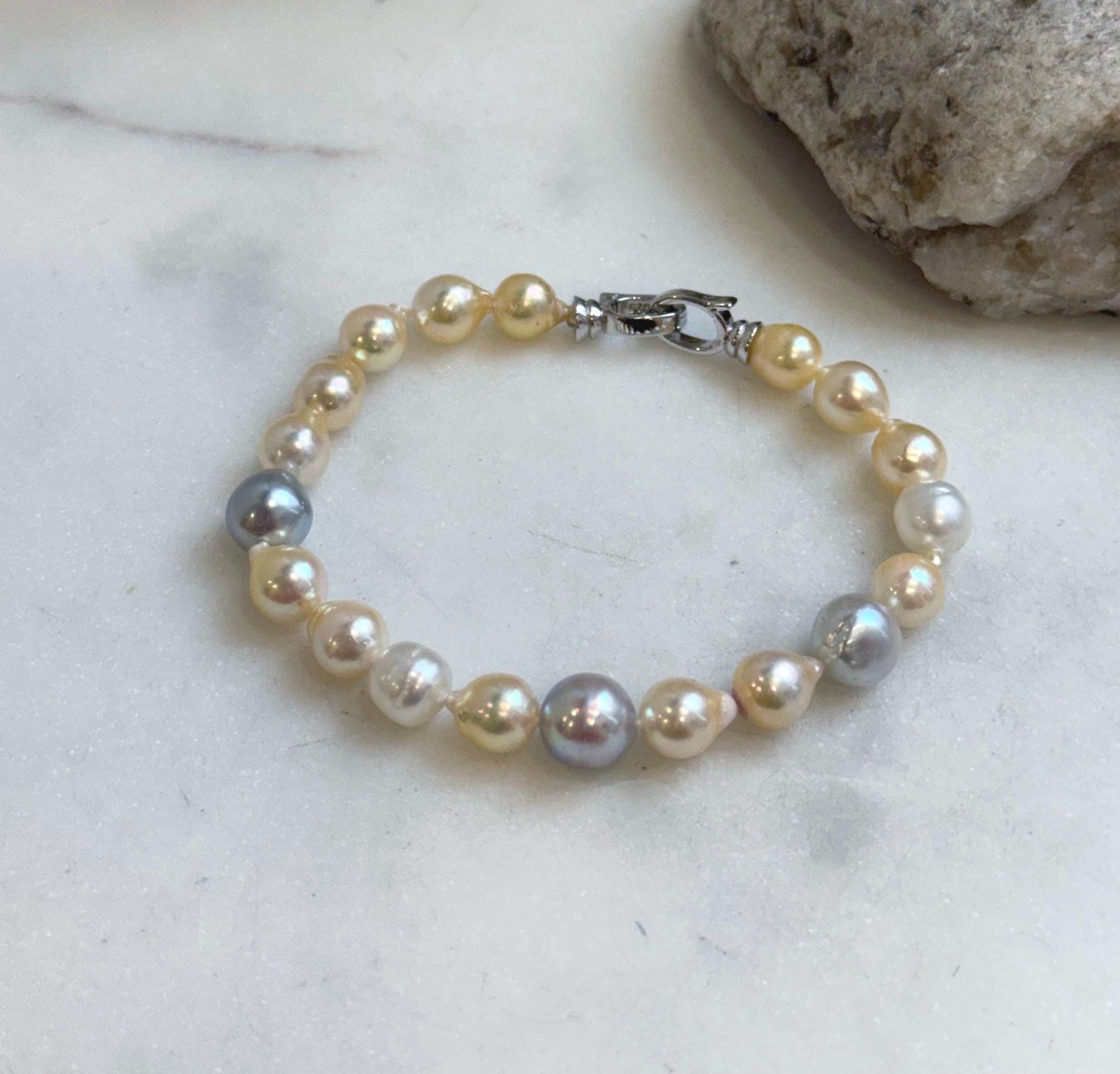 Multicolor Ocean Pearls Bracelet: 19pcs Akoya ocean Australian White ocean Pearls, Extreme luster, 6.7-8.5mm, 7.2” knotted